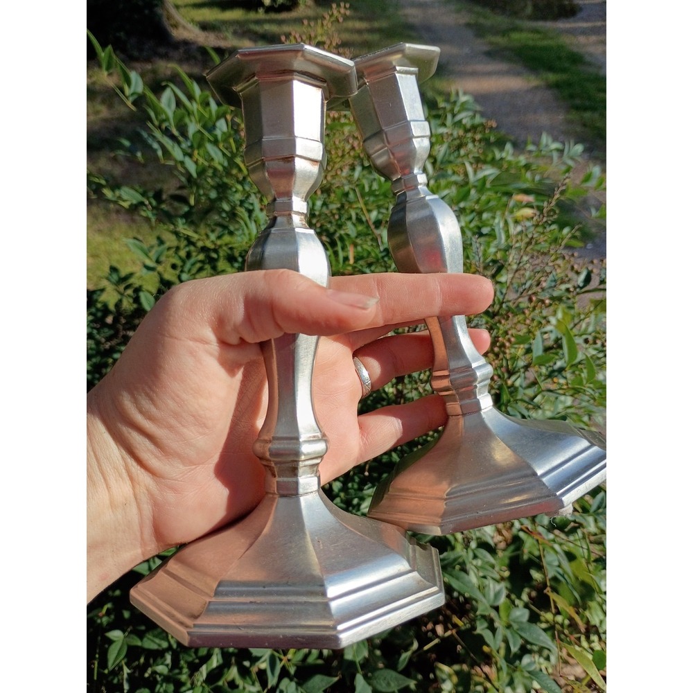 Gorham Pewter Octette Pair (2) Candle Stick Holders Heavy MCM 7"